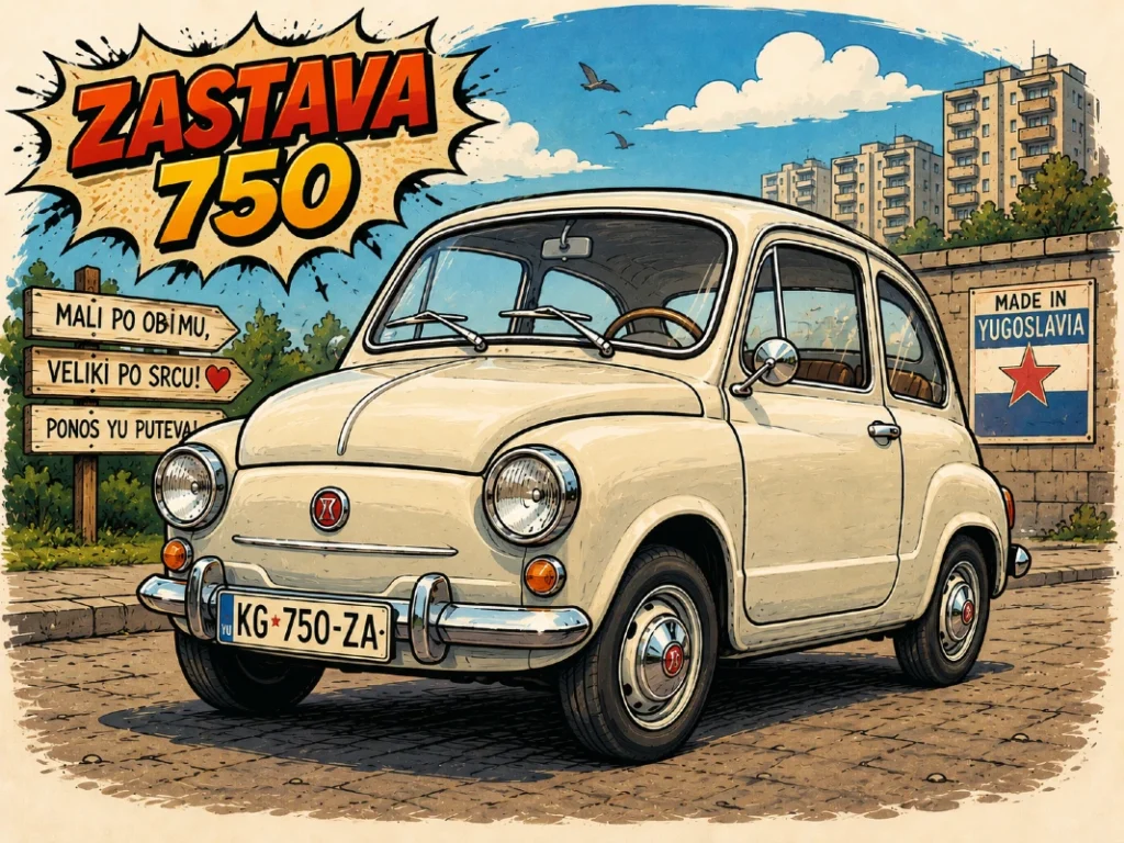 Karikaturalni prikaz modela Zastava 750 Fića u retro comic ilustrativnom stilu sa vintage jugoslovenskim automobilom