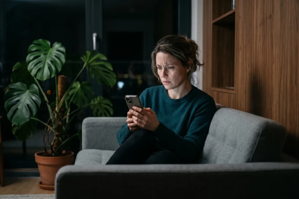 Žena u kasnim tridesetim panicno skroluje telefon nocu na sofi. Njen preopterecen nervni sistem i stres mehanizmi su aktivirani.