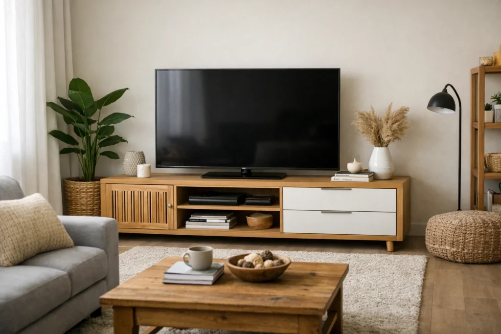 TV komoda: Moderni dnevni boravak sa TV komodom od svetlog drveta i zelenom biljkom