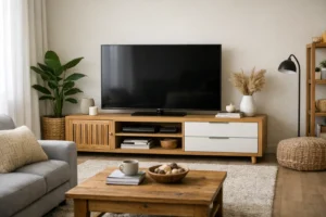 TV komoda: Moderni dnevni boravak sa TV komodom od svetlog drveta i zelenom biljkom