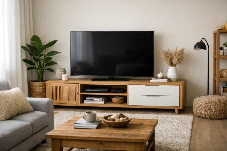 TV komoda: 6 ideja koje će promeniti izgled tvoje dnevne sobe TV komoda: Moderni dnevni boravak sa TV komodom od svetlog drveta i zelenom biljkom