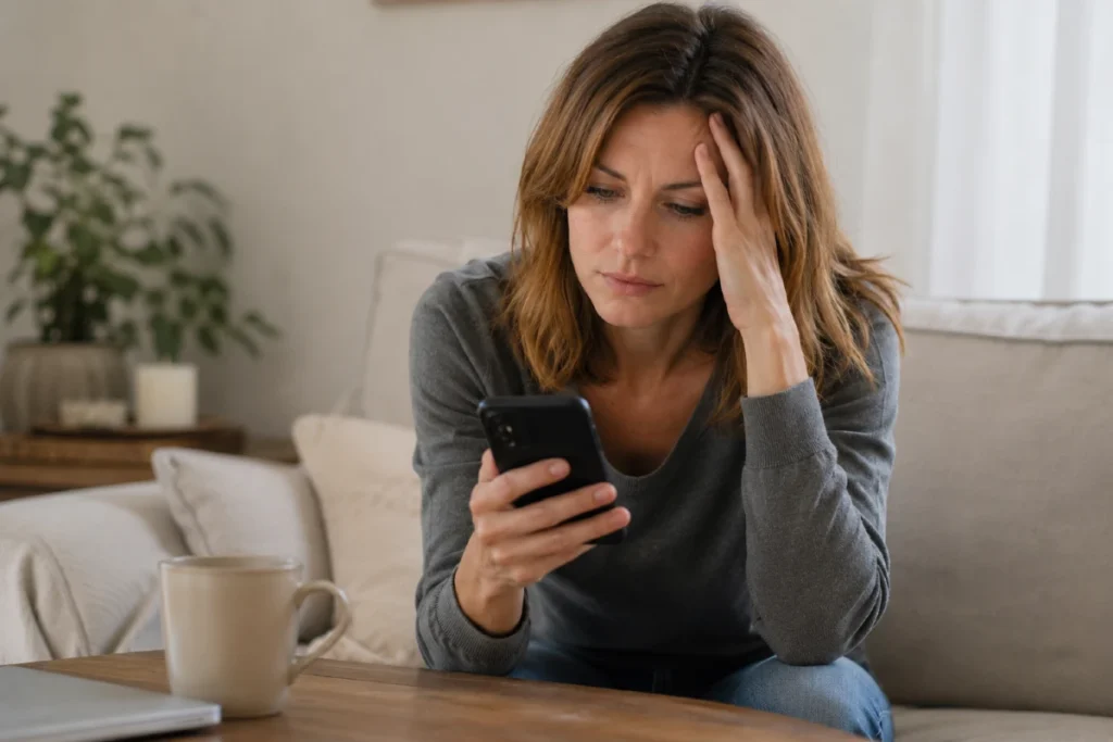 Život na kalkulatoru: 9 znakova da ti finansijski stres upravlja životom više nego što misliš 7 Žena na kauču čita ekonomske vesti na telefonu i oseća finansijski stres i mentalni umor