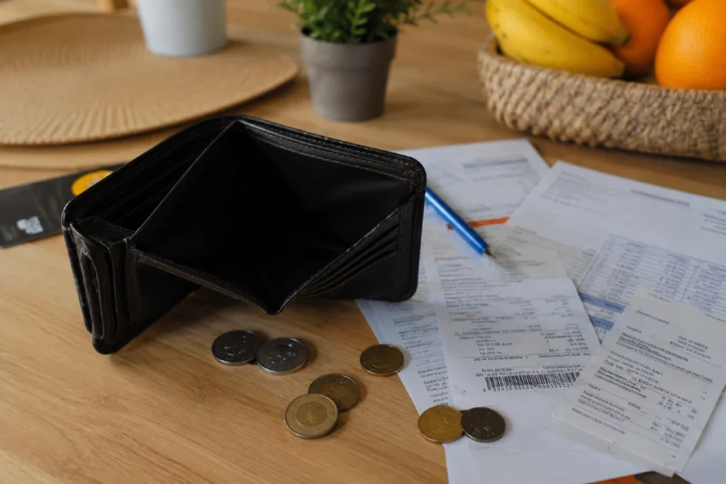 Život na kalkulatoru: 9 znakova da ti finansijski stres upravlja životom više nego što misliš 4 Otvoren novčanik pored računa za struju, internet i namirnice kao simbol finansijskog stresa