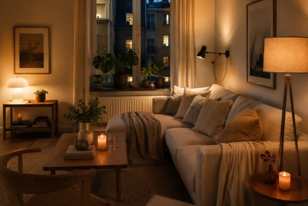 Hygge atmosfera u skandinavskom dnevnom boravku sa toplim osvetljenjem, svećama i prirodnim materijalima