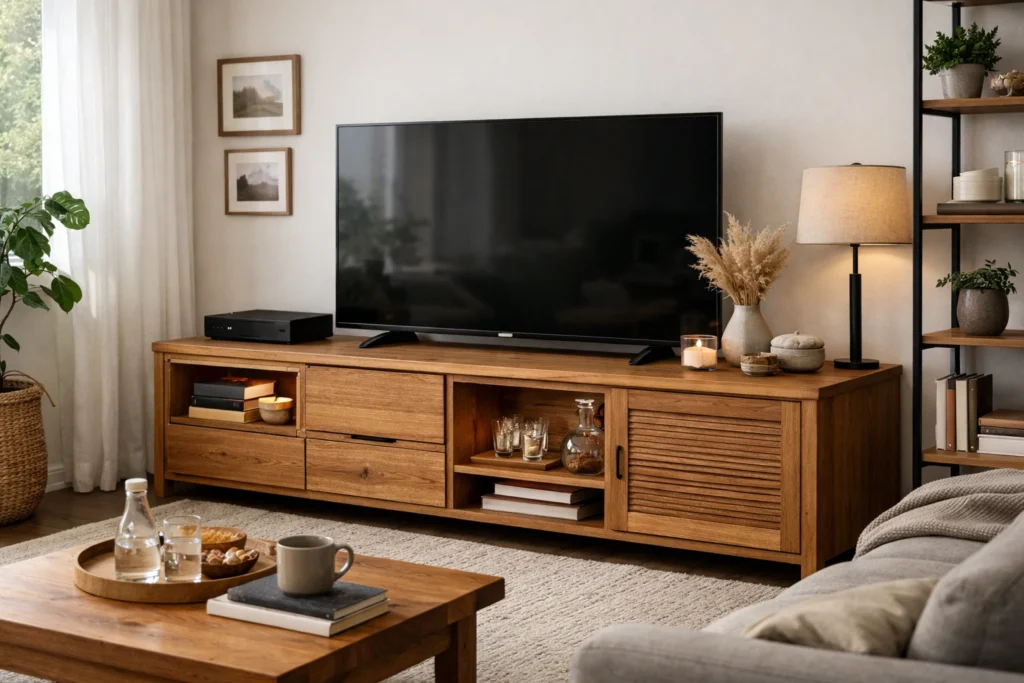 TV komoda: 6 ideja koje će promeniti izgled tvoje dnevne sobe Drvena TV komoda u modernoj dnevnoj sobi sa prirodnim svetlom i toplim tonovima