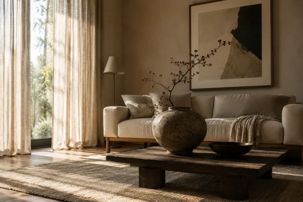 9 jednostavnih trikova zbog kojih mali dnevni boravak izgleda kao iz luksuznog magazina 1 Mali dnevni boravak u warm minimalism stilu sa tamnim drvenim stočićem, lanenim zavesama i prirodnim svetlom