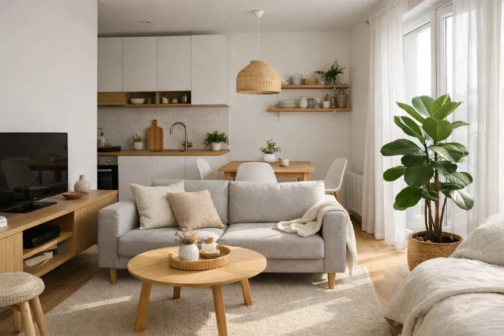 Mali stan, veliki mir: 9 trikova zbog kojih prostor od 40 m² deluje duplo prijatnije 1 Minimalistički mali stan od 40 m² sa jutarnjim prirodnim svetlom, svetlim nijansama i velikom biljkom