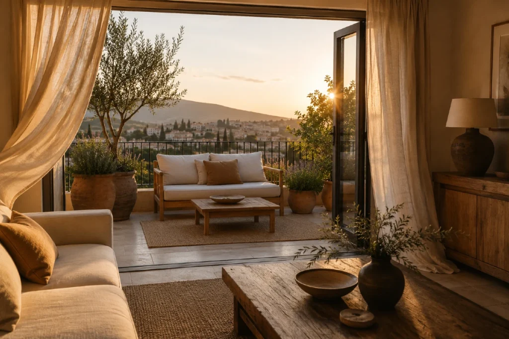 Mediterranean Modern stil: 7 pravila da vam dom prodiše i zamiriše na masline Mediterranean Modern balkon povezan sa dnevnom sobom, lanene zavese, maslina i lavanda u terakota saksijama na toplom zalasku sunca
