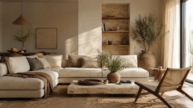 Mediterranean Modern stil: 7 pravila da vam dom prodiše i zamiriše na masline Mediterranean Modern dnevna soba sa prirodnim kamenom, toplim sunčevim svetlom, lanenim teksturama i modernim nameštajem