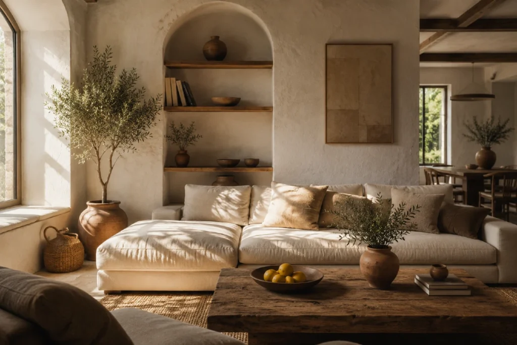Mediterranean Modern stil: 7 pravila da vam dom prodiše i zamiriše na masline Mediterranean Modern dnevna soba sa toplim prirodnim svetlom, lanenom sofom, zidovima sa krečnim malterom i maslinom u saksiji