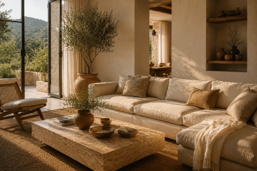 Mediterranean Modern stil: 7 pravila da vam dom prodiše i zamiriše na masline Mediterranean Modern dnevna soba sa travertin klub stolom, lanenom ugaonom garniturom, maslinom i toplim prirodnim svetlom