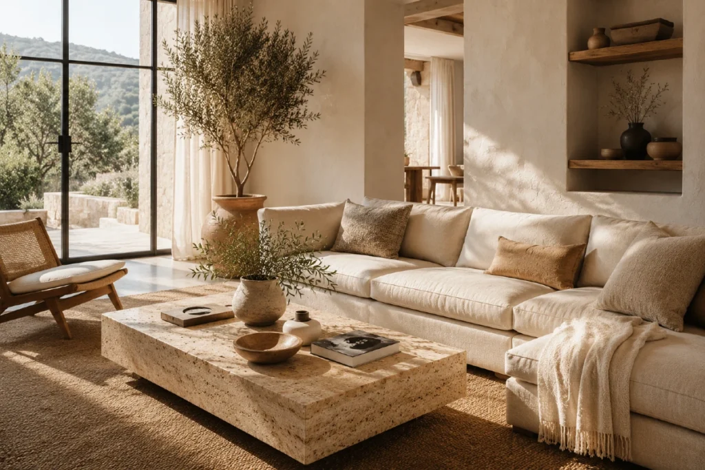 Mediterranean Modern stil: 7 pravila da vam dom prodiše i zamiriše na masline Mediterranean Modern dnevna soba sa travertin klub stolom, lanenom sofom, zidovima sa krečnim malterom i toplim prirodnim svetlom
