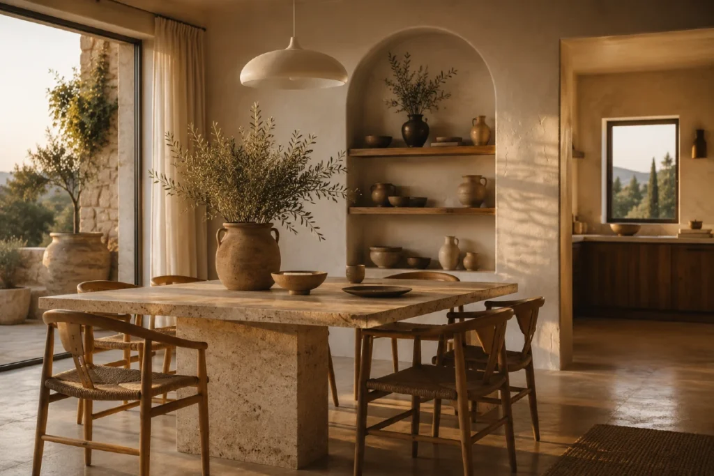 Mediterranean Modern stil: 7 pravila da vam dom prodiše i zamiriše na masline Mediterranean Modern trpezarija sa travertin stolom, hrastovim stolicama, zaobljenom zidnom nišom i toplim zalaskom sunca