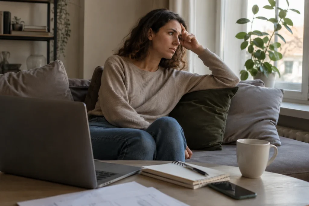 4 surove mindset blokade zbog kojih tvoj mozak radi prekovremeno 1 Mindset blokade i mentalni umor – žena sedi na kauču pored laptopa i telefona pokušavajući da odmori