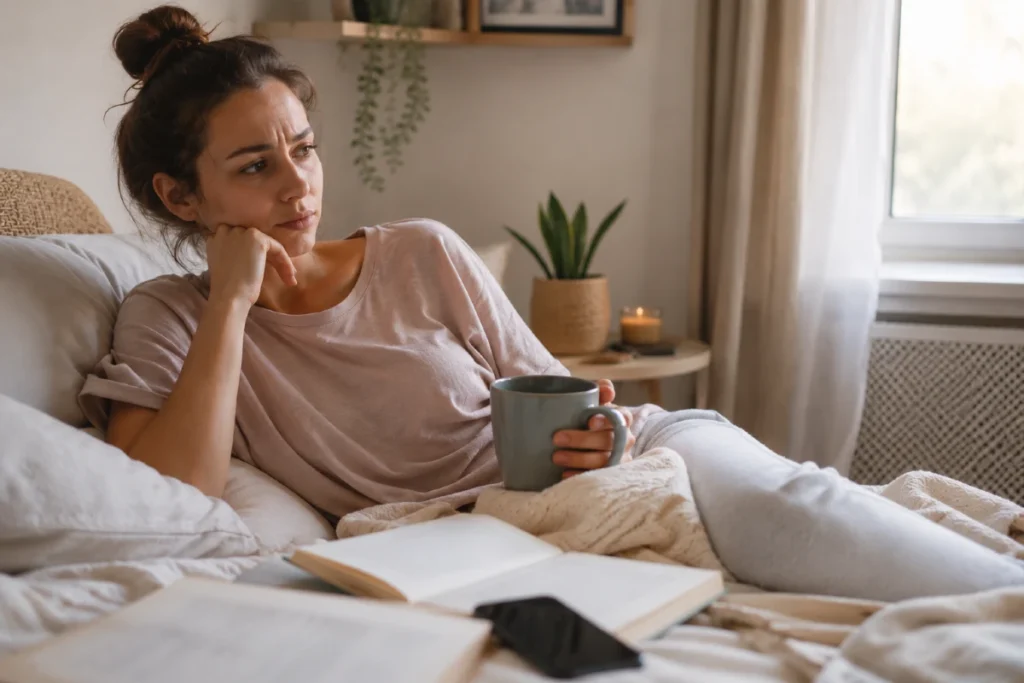 4 surove mindset blokade zbog kojih tvoj mozak radi prekovremeno 2 Mindset blokade i krivica zbog odmora – žena odmara uz šolju kafe dok zamišljeno gleda kroz prozor