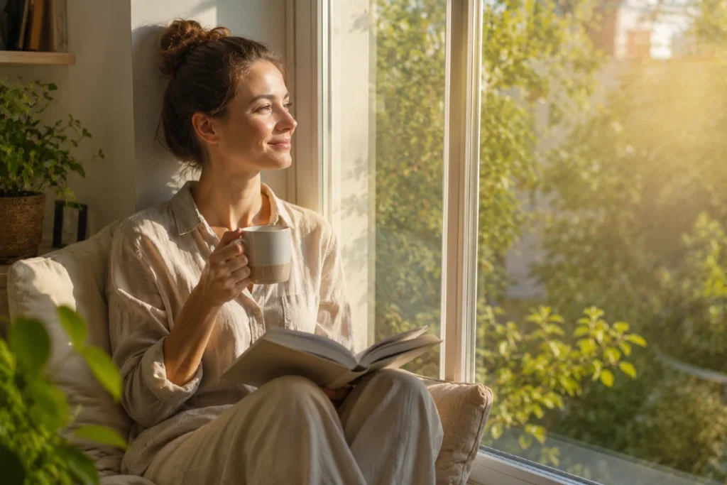 4 surove mindset blokade zbog kojih tvoj mozak radi prekovremeno 7 Mindset blokade i mentalni mir – osoba sedi kraj prozora sa knjigom i šoljom kafe u mirnoj jutarnjoj atmosferi
