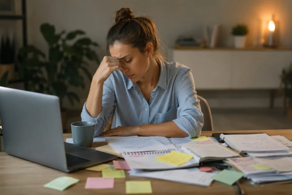 4 surove mindset blokade zbog kojih tvoj mozak radi prekovremeno 5 Mindset blokade i mentalni umor – osoba kasno uveče sedi za laptopom okružena obavezama i dokumentima