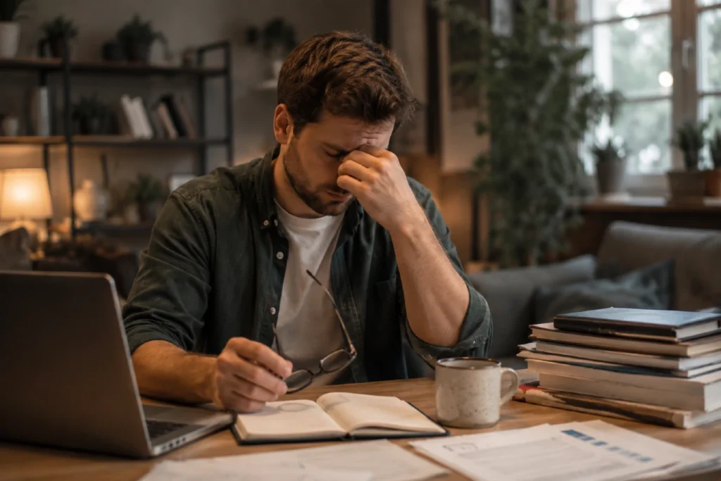 4 surove mindset blokade zbog kojih tvoj mozak radi prekovremeno 3 Mindset blokade i produktivnost i odmor – muškarac sedi za radnim stolom osećajući mentalni umor i pritisak obaveza