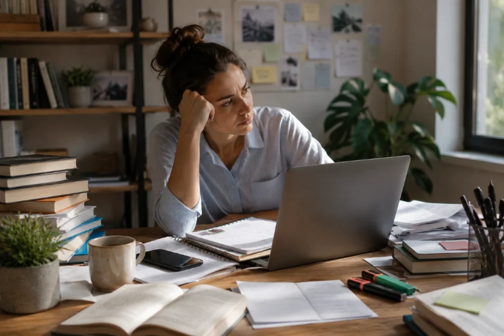 4 surove mindset blokade zbog kojih tvoj mozak radi prekovremeno 4 Mindset blokade i sindrom moram sve da znam – žena sedi za stolom okružena knjigama, beleškama i informacijama