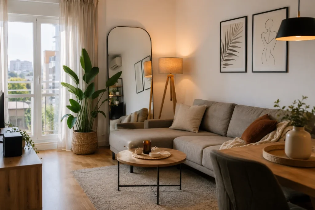 Mali stan sa velikim ogledalom, podnom lampom i visokom biljkom koji stvara osećaj veće dubine prostora