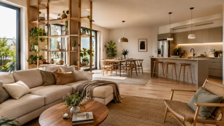 7 faza prihvatanja istine: Da li je open space koncept raj za druženje ili pakao bez privatnosti? Open space koncept modernog stana sa povezanim dnevnim boravkom, trpezarijom i kuhinjom u skandinavskom i Organic Modern stilu