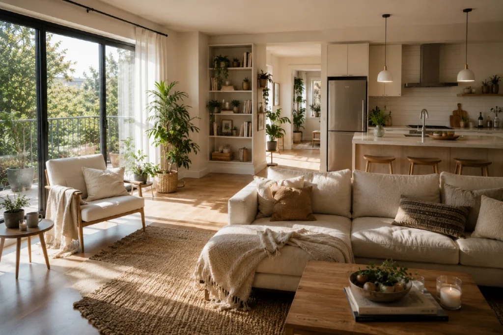 7 faza prihvatanja istine: Da li je open space koncept raj za druženje ili pakao bez privatnosti? Open space koncept sa svetlim dnevnim boravkom, kutkom za čitanje i povezanom kuhinjom u prirodnom dnevnom svetlu