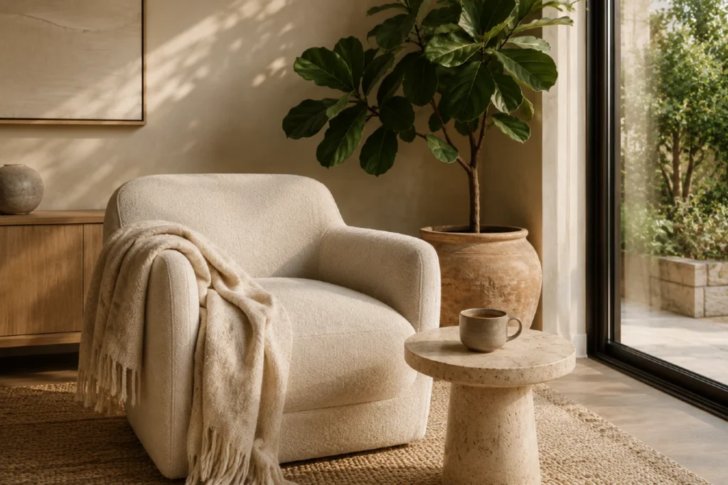 Organic Modern: 7 tajni zbog kojih dom izgleda skuplje, toplije i prirodnije 4 Organic Modern kutak za čitanje sa prirodnim materijalima i toplom atmosferom