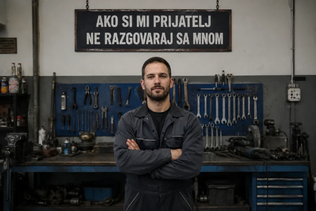 Radnik u tamnoj uniformi stoji u radionici sa prekrštenim rukama, iza njega uredno poređani alati na plavoj tabli i natpis iznad.