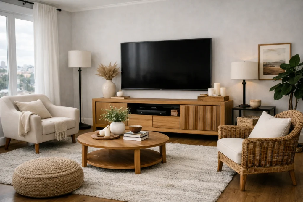 Moderni dnevni boravak sa TV‑om, prozorom i kaminom kao fokusnim tačkama