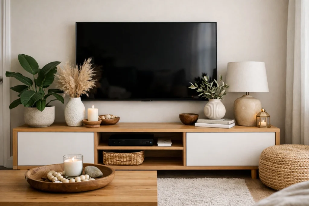 Moderan dnevni boravak sa TV komodom i dekoracijom u prirodnim tonovima