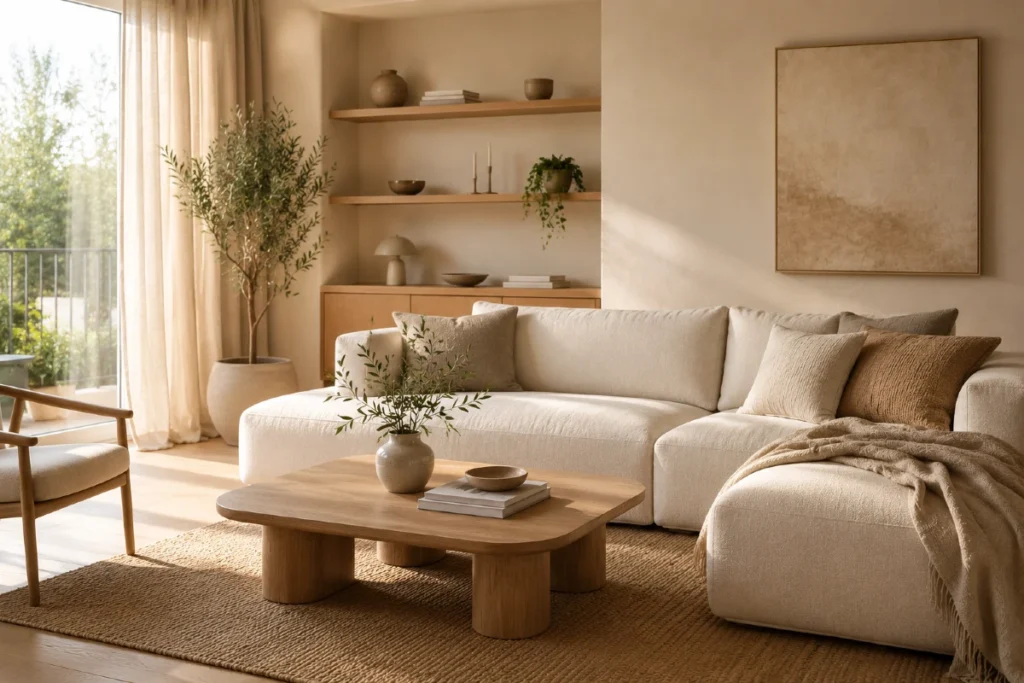 7 pravila zašto Soft Minimalism stil izgleda skupo, a košta razumno Soft Minimalism dnevni boravak sa lanenom ugaonom garniturom, svetlim hrastovim klub stolom, prirodnim materijalima i toplim dnevnim svetlom