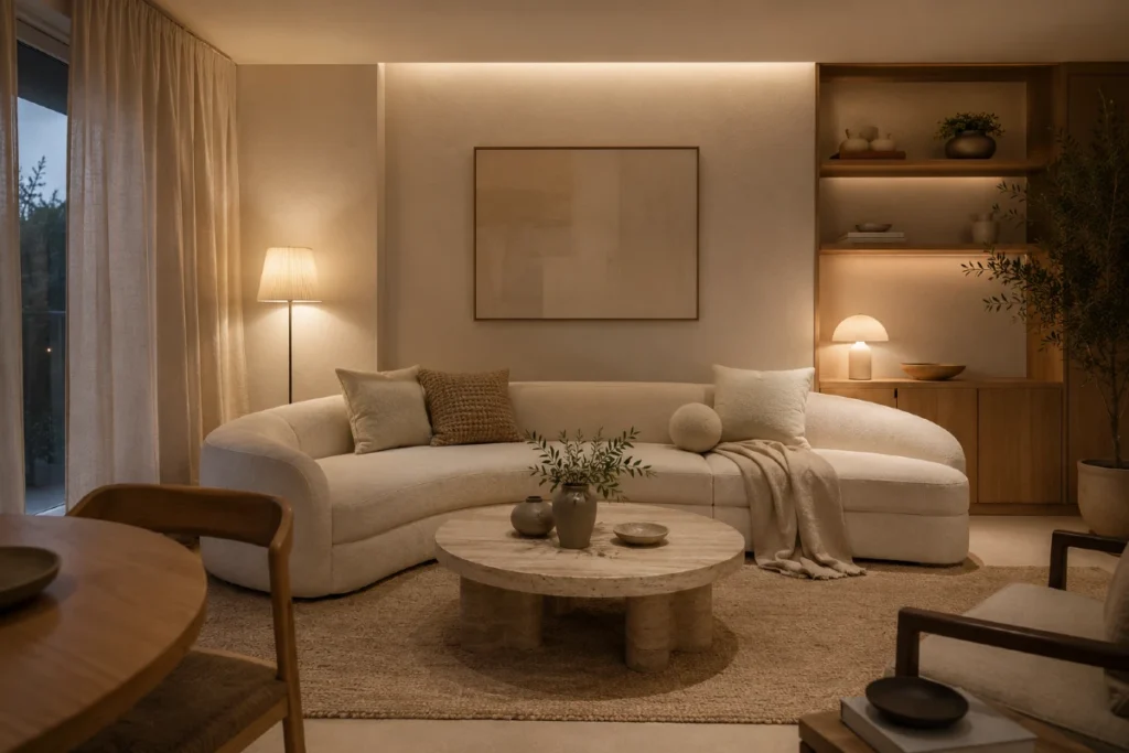7 pravila zašto Soft Minimalism stil izgleda skupo, a košta razumno Soft Minimalism dnevni boravak sa zakrivljenom sofom, travertin klub stolom, hrastovim nameštajem i toplim večernjim osvetljenjem