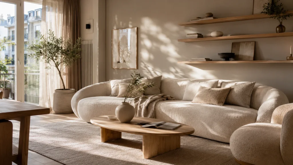 Soft Minimalism dnevni boravak sa zakrivljenom krem garniturom, svetlim hrastovim stolom, lanenim zavesama i toplim prirodnim svetlom