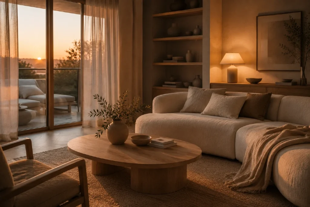 7 pravila zašto Soft Minimalism stil izgleda skupo, a košta razumno Soft Minimalism dnevni boravak u zalazak sunca sa lanenom garniturom, hrastovim nameštajem i toplim ambijentalnim osvetljenjem