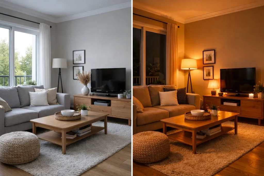 Dnevna soba u kontrastu dnevnog i toplog veštačkog osvetljenja, isti prostor u različito doba dana, realistična fotografija enterijera, bez ljudi