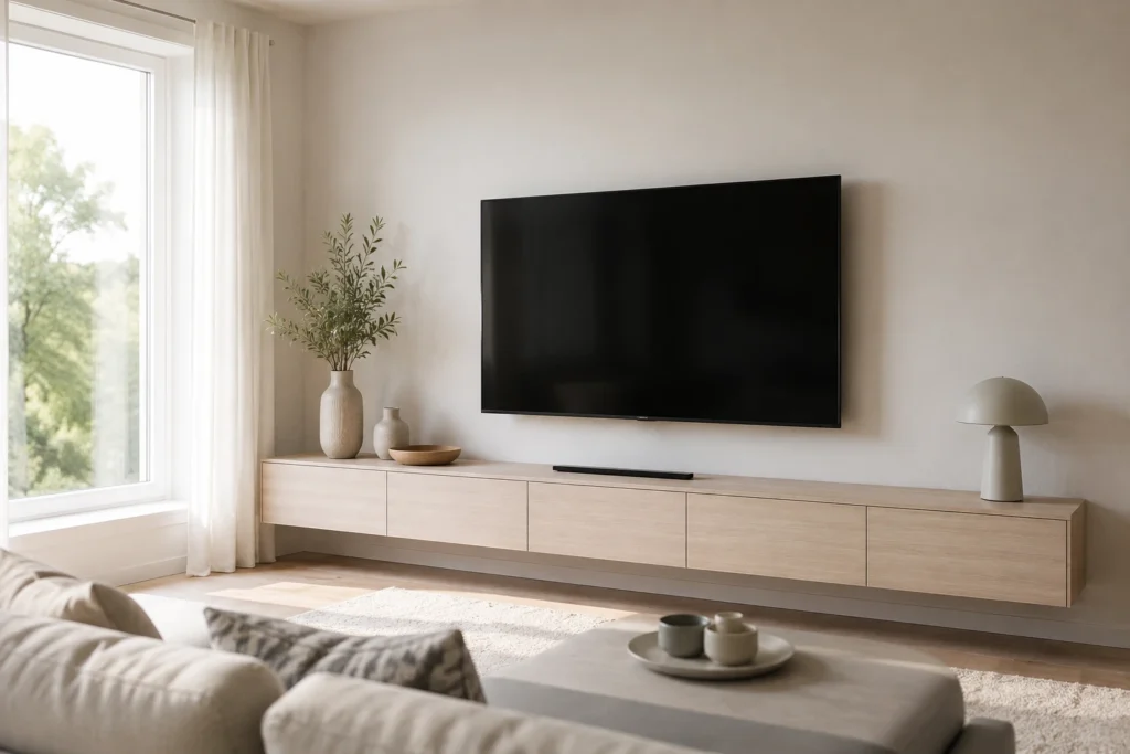 Minimalistički TV zid sa lebdećom TV komodom, sakrivenim kablovima i skandinavskim enterijerom u bež tonovima.