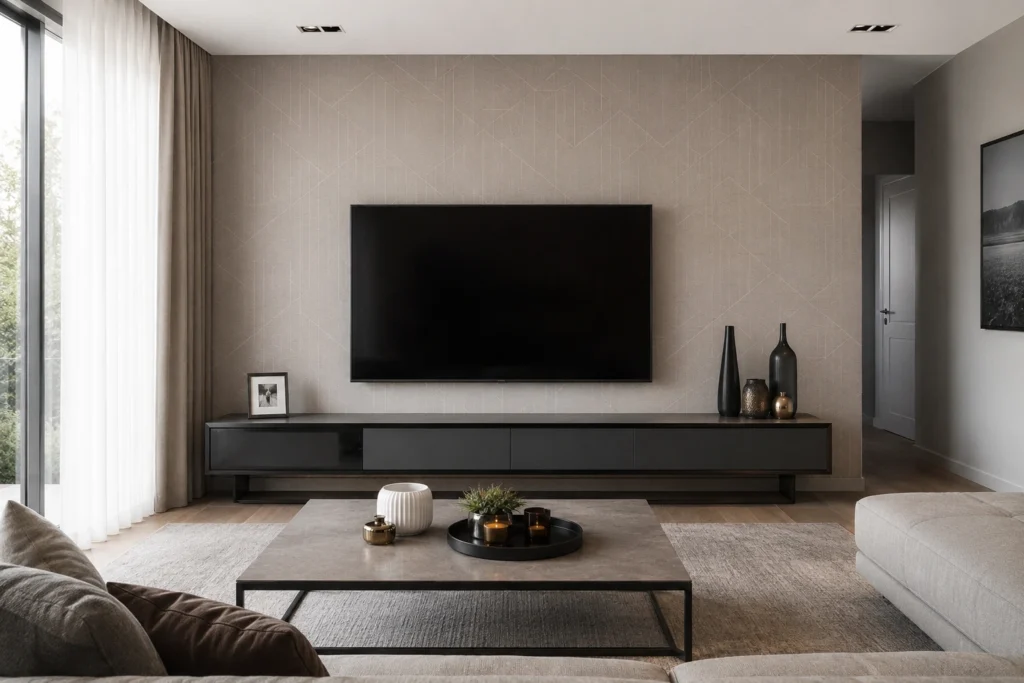 7 načina da zid iza televizora izgleda skupo Elegantne tapete sa suptilnim geometrijskim uzorkom iza TV-a u modernoj dnevnoj sobi