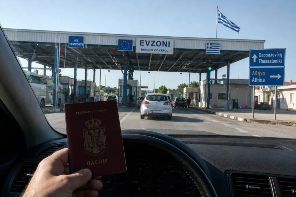 Godišnji odmor: 365 dana u jednom koferu Vozač drži srpski pasoš dok automobil prilazi graničnom prelazu Evzoni na ulazu u Grčku tokom sunčanog dana.