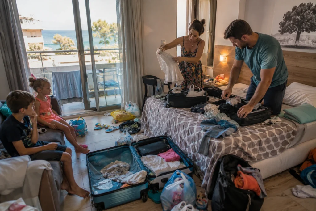 Godišnji odmor: 365 dana u jednom koferu Porodica pakuje kofere poslednjeg dana letovanja u Grčkoj u apartmanu sa pogledom na more