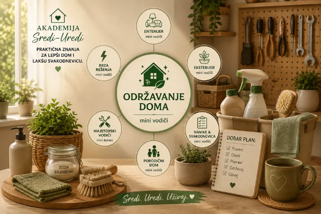 🟪 Održavanje doma — mini vodiči Održavanje doma – mini vodiči za redovnu brigu, čišćenje i očuvanje funkcionalnog doma
