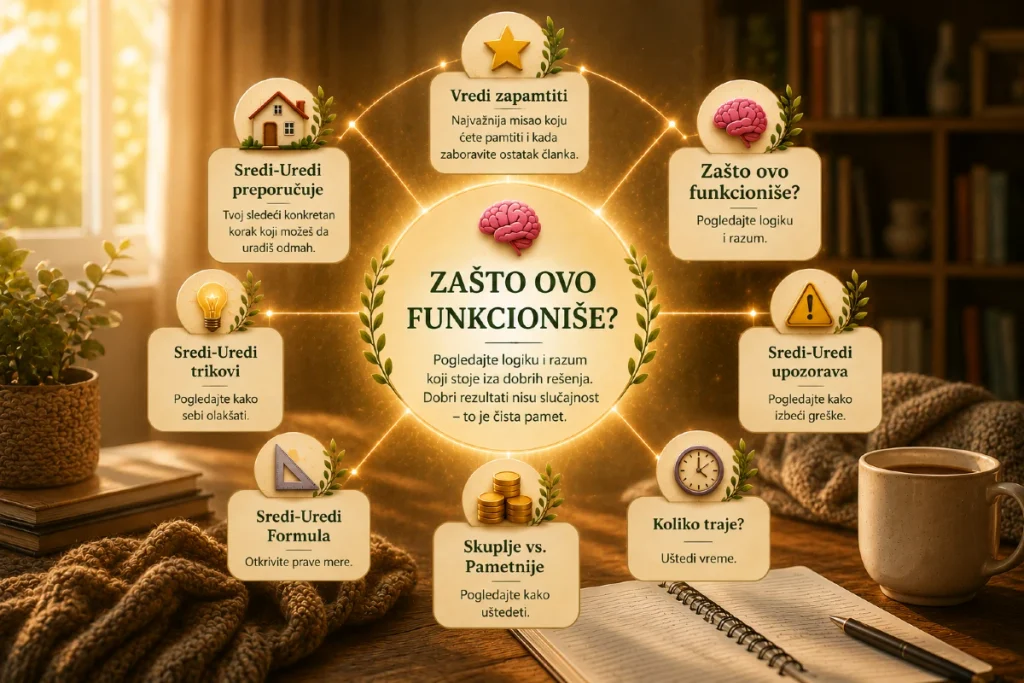 Vizual Sredi-Uredi Enciklopedije sa centralnim segmentom Zašto ovo funkcioniše? i povezanim praktičnim savetima za dom