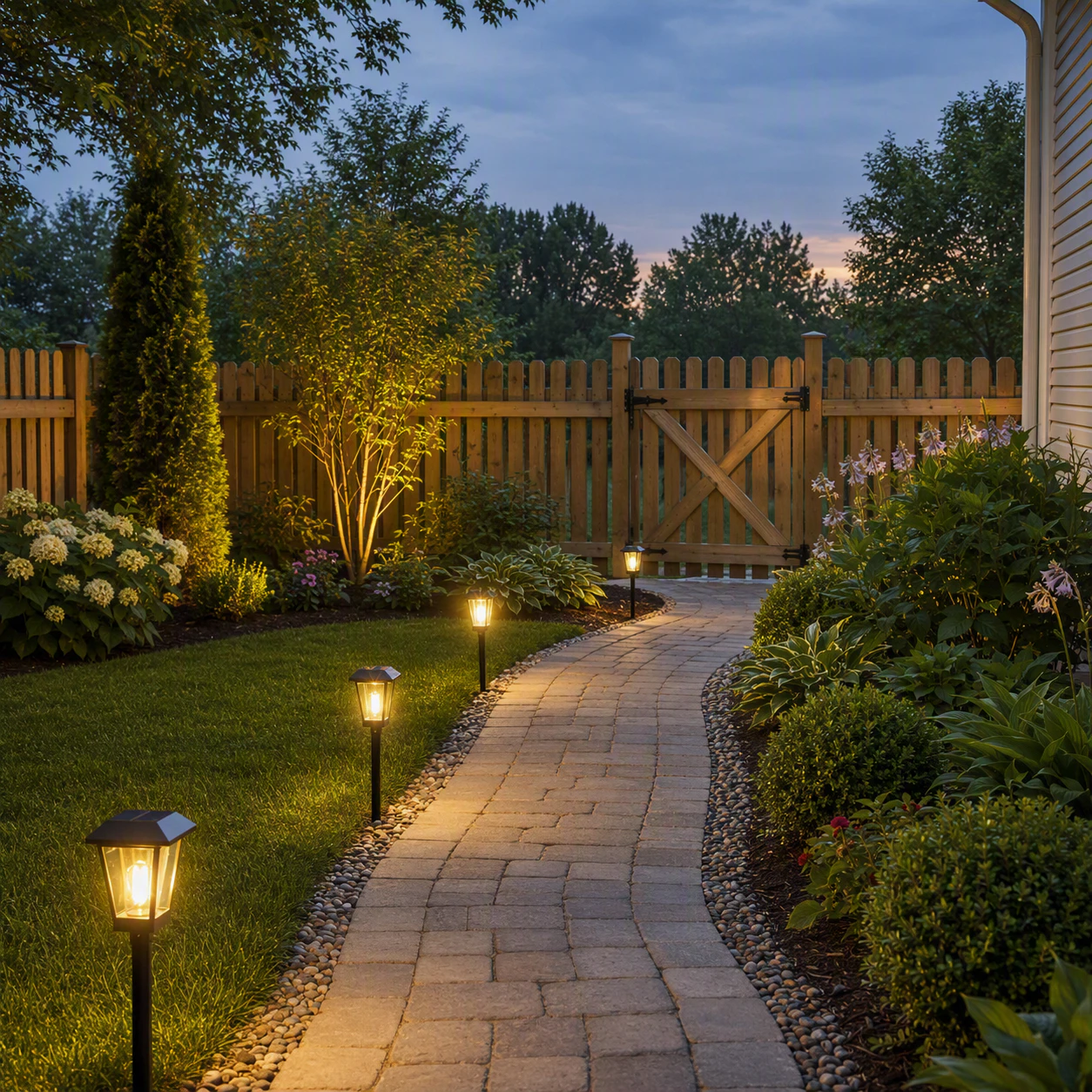🟦 Eksterijer — mini vodiči Baštenska staza sa dekorativnim lampama koje osvetljavaju dvorište u večernjim satima.