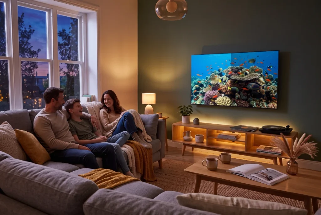 8 koraka kako izabrati televizor za dnevnu sobu i ne posvađati se sa ukućanima Opuštena porodica sedi na sofi u večernjem ambijentu i gleda veliki televizor montiran na zidu u dnevnoj sobi.