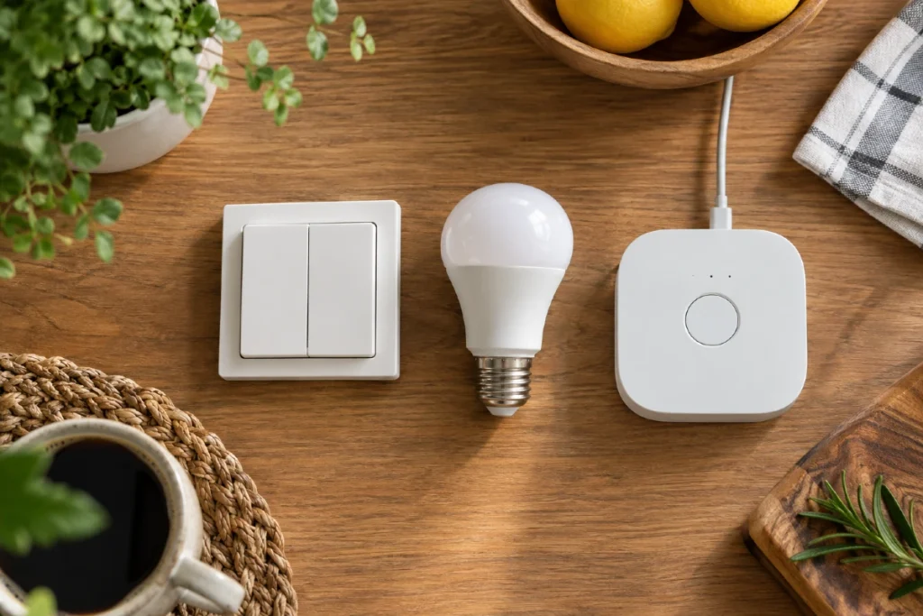Smart rasveta - 9 pametnih načina da osvetljenje konačno radi za vas Smart rasveta – pametna sijalica, prekidač i hub na kuhinjskom stolu