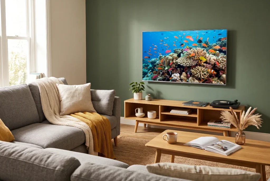 8 koraka kako izabrati televizor za dnevnu sobu i ne posvađati se sa ukućanima Televizor za dnevnu sobu sa jasnom slikom koralnog grebena, montiran iznad moderne drvene TV komode, u enterijeru sa sivom sofom i zelenim zidom.