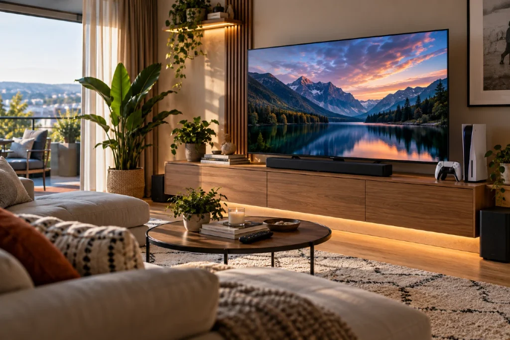 8 koraka kako izabrati televizor za dnevnu sobu i ne posvađati se sa ukućanima Televizor za dnevnu sobu na elegantnoj TV komodi sa soundbarom