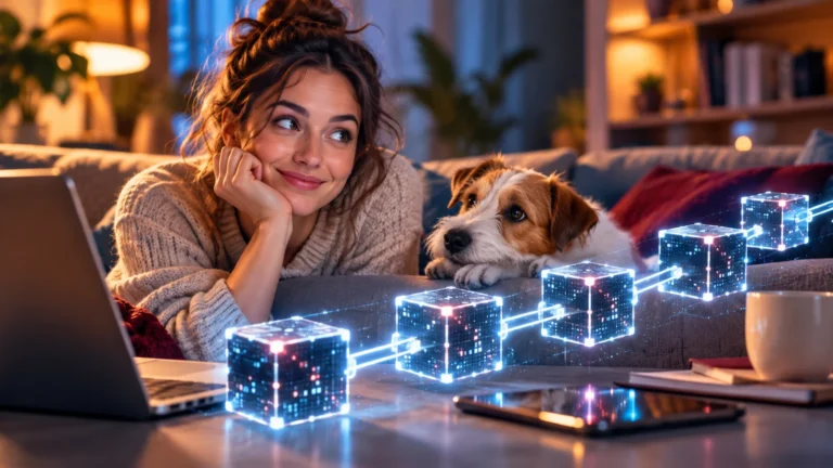Blockchain tehnologija prikazana kroz povezane digitalne blokove u prijatnom ambijentu dnevne sobe
