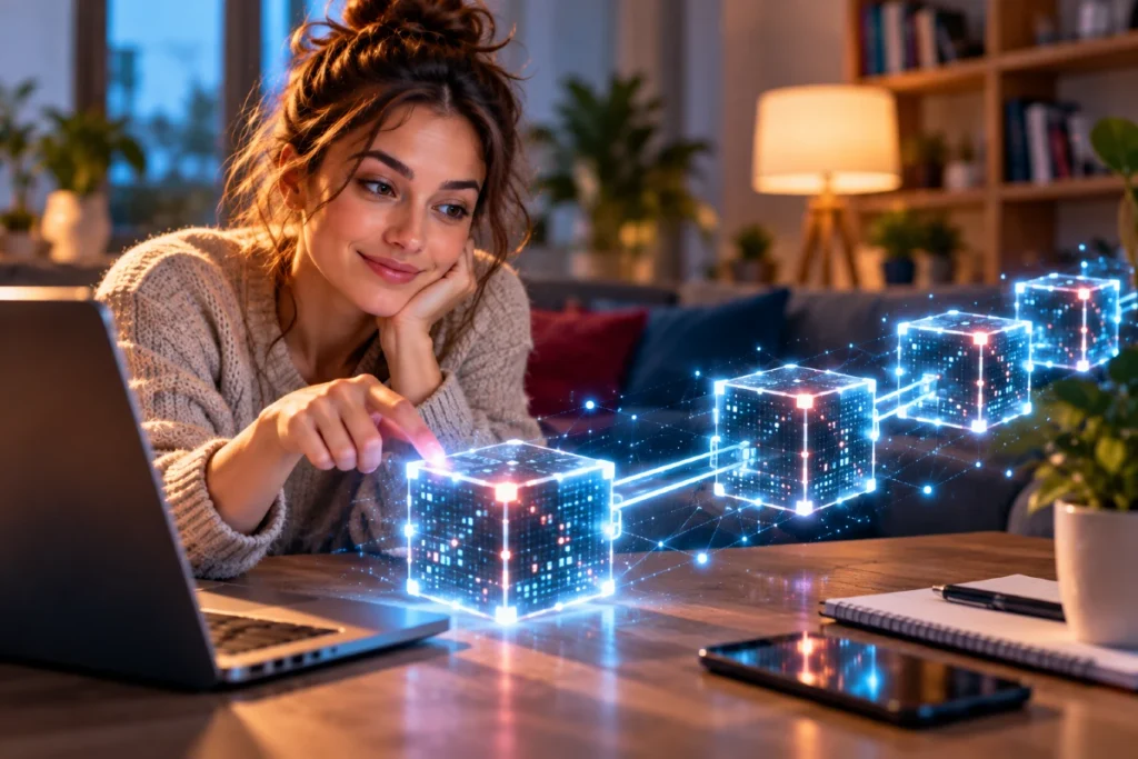 Blockchain u 12 minuta: šta je i kako funkcioniše? Blockchain tehnologija prikazana kroz povezane digitalne blokove u modernom životnom prostoru