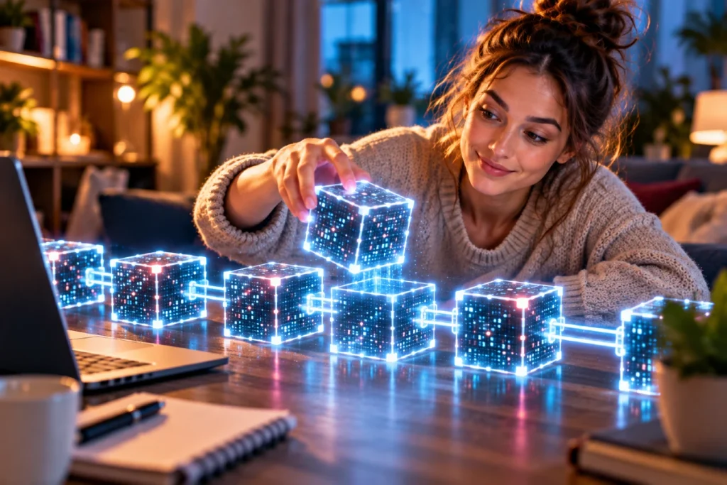 Blockchain u 12 minuta: šta je i kako funkcioniše? Kako blockchain funkcioniše prikazano kroz povezane digitalne blokove koje korisnica slaže u lanac