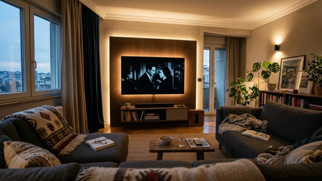Naslovna Kućni bioskop u modernoj dnevnoj sobi sa velikim televizorom, soundbarom, indirektnom rasvetom i zavesama